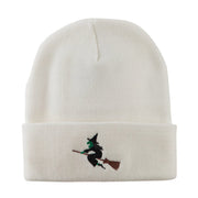 Halloween Witch Flying on a Broom Stick Embroidered Long Beanie