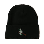 Halloween Witch Flying on a Broom Stick Embroidered Long Beanie