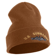 US Submarine Symbol Embroidered 12 inch Cuffed Knit YP Long Beanie - Caramel OSFM