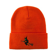 Halloween Witch Flying on a Broom Stick Embroidered Long Beanie