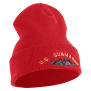 US Submarine Symbol Embroidered 12 inch Cuffed Knit YP Long Beanie - Red OSFM