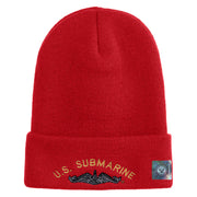 US Submarine Symbol Embroidered 12 inch Cuffed Knit YP Long Beanie - Red OSFM