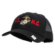 USMC Design Embroidered 6 Panel Structured Cotton Twill Mesh Cap Made in USA - Black OSFM