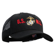 USMC Design Embroidered 6 Panel Structured Cotton Twill Mesh Cap Made in USA - Black OSFM