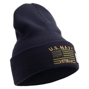 Licensed Made in USA Navy Veteran Flag Symbol Embroidered 12 Inch Solid Knit Cuff Long Beanie - Navy OSFM