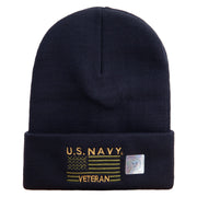 Licensed Made in USA Navy Veteran Flag Symbol Embroidered 12 Inch Solid Knit Cuff Long Beanie - Navy OSFM
