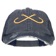 Fishing Crossed Fishhooks Embroidered Low Profile Cotton Mesh Cap