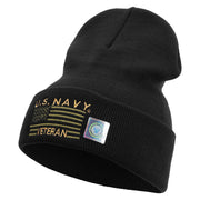 Licensed Made in USA Navy Veteran Flag Symbol Embroidered 12 Inch Solid Knit Cuff Long Beanie - Black OSFM