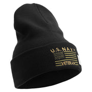Licensed Made in USA Navy Veteran Flag Symbol Embroidered 12 Inch Solid Knit Cuff Long Beanie - Black OSFM