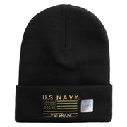 Licensed Made in USA Navy Veteran Flag Symbol Embroidered 12 Inch Solid Knit Cuff Long Beanie - Black OSFM