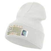 Licensed Made in USA Navy Veteran Flag Symbol Embroidered 12 Inch Solid Knit Cuff Long Beanie - White OSFM