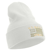Licensed Made in USA Navy Veteran Flag Symbol Embroidered 12 Inch Solid Knit Cuff Long Beanie - White OSFM