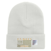 Licensed Made in USA Navy Veteran Flag Symbol Embroidered 12 Inch Solid Knit Cuff Long Beanie - White OSFM