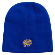 Wild Boar Illustration Embroidered 8 Inch Solid Knit Short Beanie Made in USA - Royal-Blue OSFM