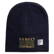 Licensed Made in USA Navy Veteran Flag Symbol Embroidered 8 Inch Solid Knit Short Beanie - Navy OSFM