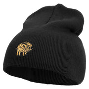 Wild Boar Illustration Embroidered 8 Inch Solid Knit Short Beanie Made in USA - Black OSFM