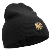 Wild Boar Illustration Embroidered 8 Inch Solid Knit Short Beanie Made in USA - Black OSFM