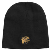 Wild Boar Illustration Embroidered 8 Inch Solid Knit Short Beanie Made in USA - Black OSFM