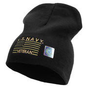Licensed Made in USA Navy Veteran Flag Symbol Embroidered 8 Inch Solid Knit Short Beanie - Black OSFM