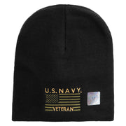 Licensed Made in USA Navy Veteran Flag Symbol Embroidered 8 Inch Solid Knit Short Beanie - Black OSFM
