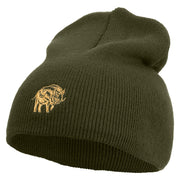 Wild Boar Illustration Embroidered 8 Inch Solid Knit Short Beanie Made in USA - Olive OSFM