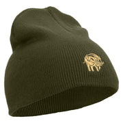 Wild Boar Illustration Embroidered 8 Inch Solid Knit Short Beanie Made in USA - Olive OSFM