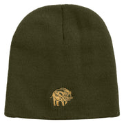 Wild Boar Illustration Embroidered 8 Inch Solid Knit Short Beanie Made in USA - Olive OSFM