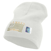 Licensed Made in USA Navy Veteran Flag Symbol Embroidered 8 Inch Solid Knit Short Beanie - White OSFM