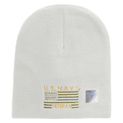 Licensed Made in USA Navy Veteran Flag Symbol Embroidered 8 Inch Solid Knit Short Beanie - White OSFM