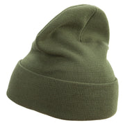 Made in USA Beetle Rhino Illustration Embroidered 12 Inch Solid Knit Cuff Long Beanie - Olive OSFM