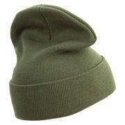 Made in USA Beetle Rhino Illustration Embroidered 12 Inch Solid Knit Cuff Long Beanie - Olive OSFM