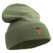 Made in USA Beetle Rhino Illustration Embroidered 12 Inch Solid Knit Cuff Long Beanie - Olive OSFM