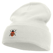 Made in USA Beetle Rhino Illustration Embroidered 12 Inch Solid Knit Cuff Long Beanie - White OSFM