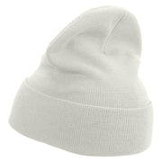 Made in USA Beetle Rhino Illustration Embroidered 12 Inch Solid Knit Cuff Long Beanie - White OSFM