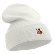 Made in USA Beetle Rhino Illustration Embroidered 12 Inch Solid Knit Cuff Long Beanie - White OSFM