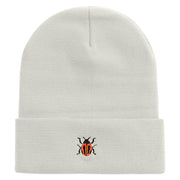 Made in USA Beetle Rhino Illustration Embroidered 12 Inch Solid Knit Cuff Long Beanie - White OSFM