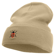 Made in USA Beetle Rhino Illustration Embroidered 12 Inch Solid Knit Cuff Long Beanie - Cream OSFM