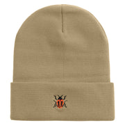 Made in USA Beetle Rhino Illustration Embroidered 12 Inch Solid Knit Cuff Long Beanie - Cream OSFM