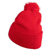 Old English Boston Embroidered Pom Acrylic Cuff Long Beanie - Red OSFM
