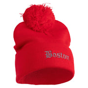 Old English Boston Embroidered Pom Acrylic Cuff Long Beanie - Red OSFM