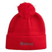 Old English Boston Embroidered Pom Acrylic Cuff Long Beanie - Red OSFM