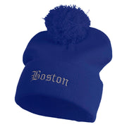 Old English Boston Embroidered Pom Acrylic Cuff Long Beanie - Royal OSFM
