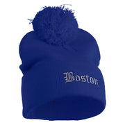 Old English Boston Embroidered Pom Acrylic Cuff Long Beanie - Royal OSFM