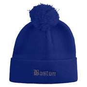 Old English Boston Embroidered Pom Acrylic Cuff Long Beanie - Royal OSFM