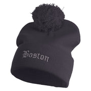 Old English Boston Embroidered Pom Acrylic Cuff Long Beanie - Navy OSFM
