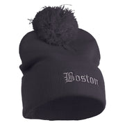 Old English Boston Embroidered Pom Acrylic Cuff Long Beanie - Navy OSFM
