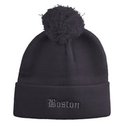 Old English Boston Embroidered Pom Acrylic Cuff Long Beanie - Navy OSFM