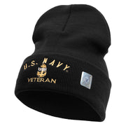 Made in USA Navy USN Veteran Logo Embroidered 12 Inch Solid Knit Cuff Long Beanie