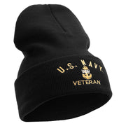 Made in USA Navy USN Veteran Logo Embroidered 12 Inch Solid Knit Cuff Long Beanie