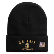 Made in USA Navy USN Veteran Logo Embroidered 12 Inch Solid Knit Cuff Long Beanie